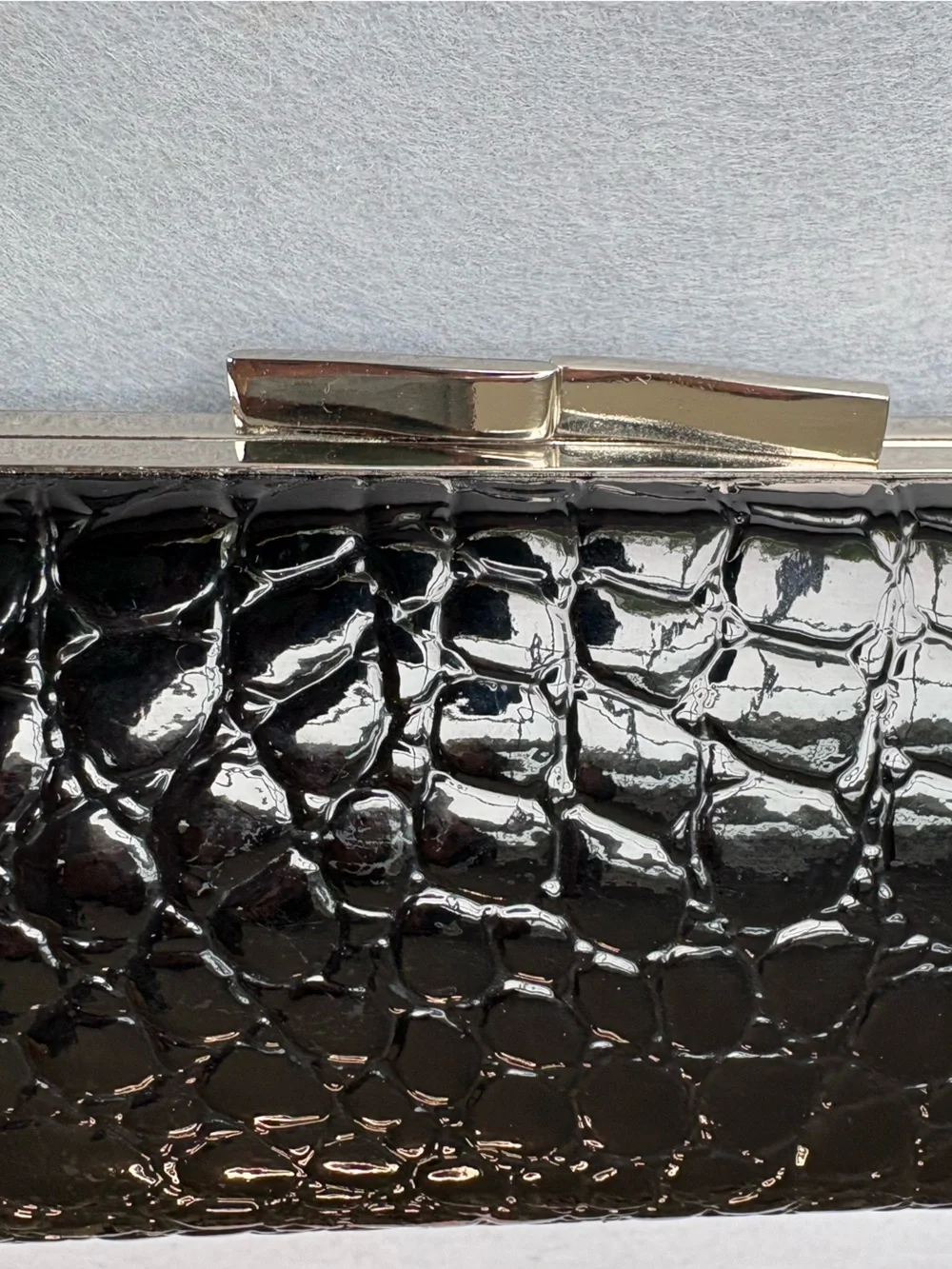 La Regale Black Patent Croc-Embossed Chain Optional Strap Clutch Evening Bag